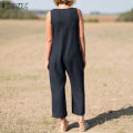 ZANZEA Women Summer Cotton Linen Sleeveless Jumpsuit Loose Casual V Neck Solid Playsuit. 