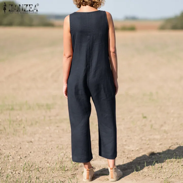 ZANZEA%20Women%20Summer%20Cotton%20Linen%20Sleeveless%20Jumpsuit%20Loose%20Casual%20V%20Neck%20Solid%20Playsuit%20-%20Image%206