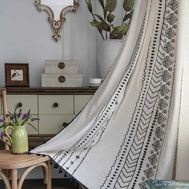 Bohemian Ethnic Style Curtain Cotton Linen Thin Window Decorative Geometry Printing Bedroom Finished Curtains cortinas boho
