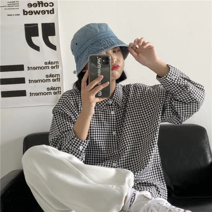 Black%20and%20White%20Plaid%20Shirt%20Female%20Spring%20and%20Autumn%20Fashion%20Thin%20Student%20Loose%20Long%20Sleeve%20Hong%20Kong%20Style%20Retro%20Design%20Sense%20All-Matching%20Shirt%20-%20Image%202