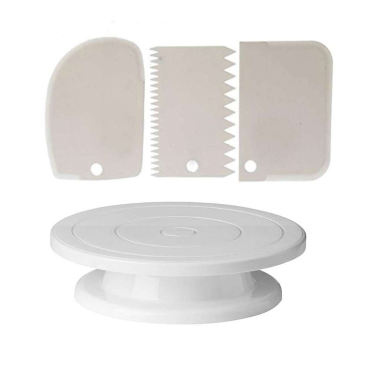 Perfect Pricee Combo Set Of Plastic Revolving Turn Table Cake Stand With 3 Scrapper - White - Versatile Cake Decorating Set For Bakers