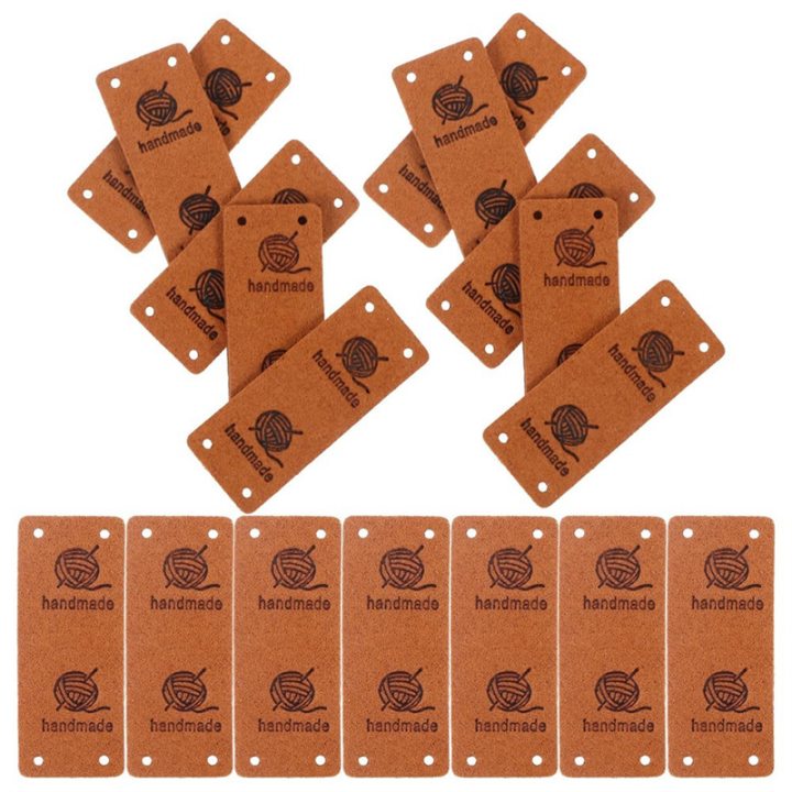 50Pcs Faux Leather Label Handmade Tag Label Folding Handmade Tags Button with Holes Embossed Tag Embellishment Knit