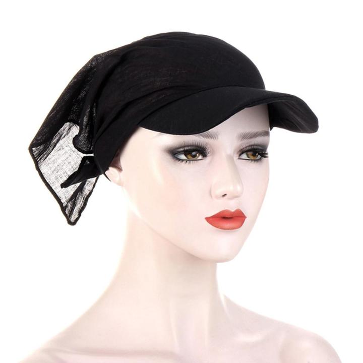 Fashion Women Durag Brim Cap Sun Visor with Pre-Tied Turban Caps Outdoor Windproof Bandana Print Headscarf Beach Outdoor