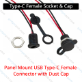 Panel Mount USB Type-C Charging Female Socket Type-C Waterproof Female Connector Jack with Dust Cap.