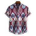 Vintage Men's Shirts Ethnic Style Printing Lattice Casual Streetwear Stand Collar Short Sleeve Loose Hawaiian Shirt Mens Summer.