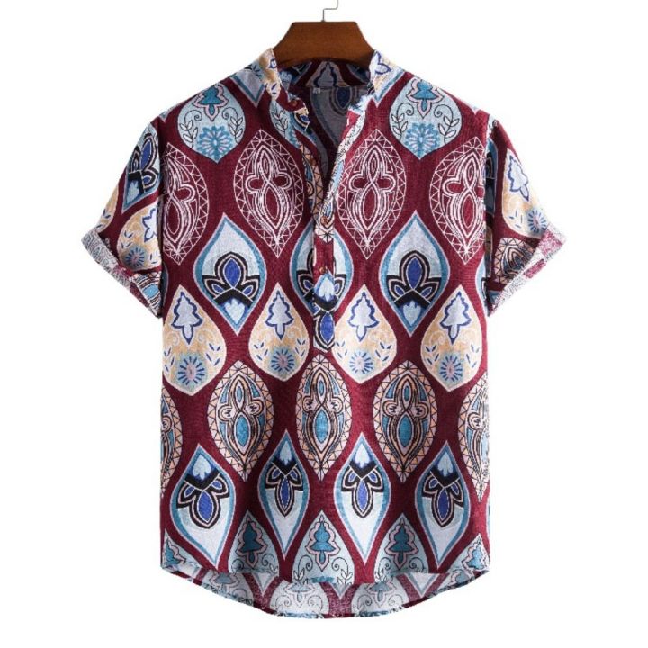 Vintage%20Men's%20Shirts%20Ethnic%20Style%20Printing%20Lattice%20Casual%20Streetwear%20Stand%20Collar%20Short%20Sleeve%20Loose%20Hawaiian%20Shirt%20Mens%20Summer%20-%20Image%207