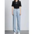 Off-White Micro Wide-Leg Jeans Women's High Waist Slimming Loose Apricot All-Match Draping Elastic Waist Student Black Pants.