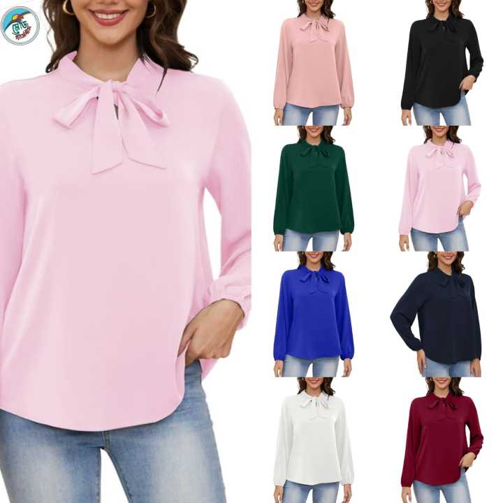 Wine Red Women’s Dressy georgette Blouse Business Work Casual Tie Neck Shirt Tops