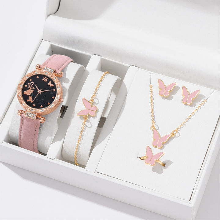 LooKeo%20Mall%206pcs%20Women%20Butterfly%20Quartz%20Watches%20Fashion%20Casual%20Bracelet%20Ring%20Necklace%20Watch%20Set%20-%20Image%204
