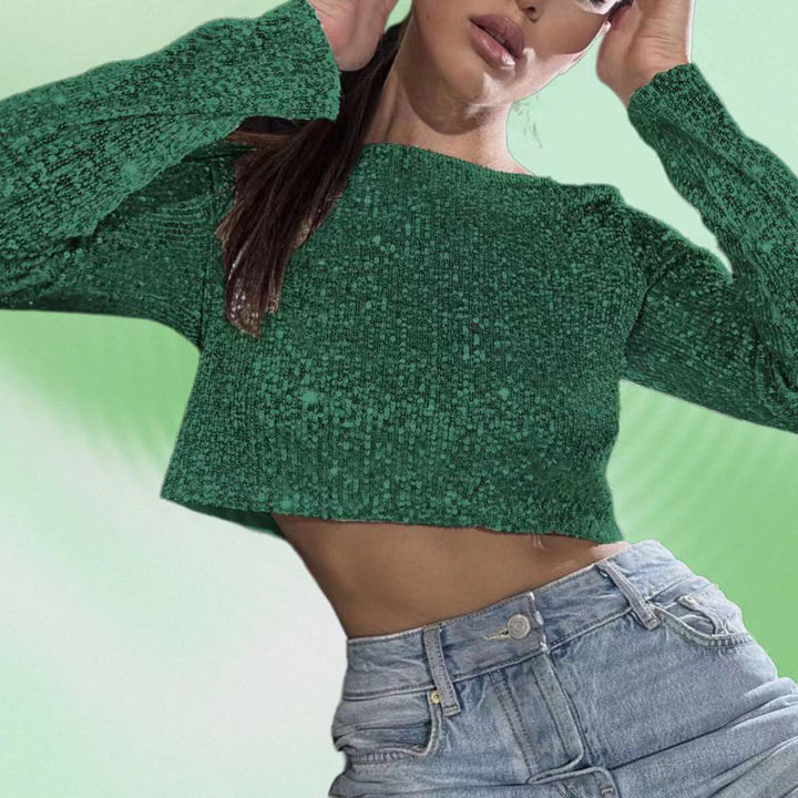 Women%20Sequin%20Top%20Sparkling%20Sequin%20Crop%20Top%20for%20Women%20Stylish%20O%20Neck%20Long%20Sleeves%20Soft%20Pullover%20for%20Club%20Party%20Stage%20Show%20Trendy%20Waist-exposed%20Lady%20Top%20Long-sleeve%20Top%20-%20Image%202