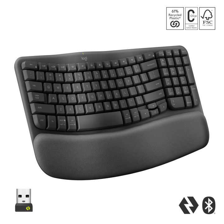 Logitech Wave Keys Wireless Ergonomic Keyboard with Cushioned Palm Rest, Comfortable Natural Typing, Easy-Switch, Bluetooth, Logi Bolt Receiver, for Multi-OS, Windows/Mac - Graphite