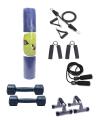Fitness Combo Yoga Mat, Dumbbell, Hand Grip, Jump Rope, Resistance Band and Push Up Stand. 