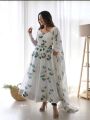 Indian Georgette Gown Three Pieces Dress For Women - White and Green - Suitable for all Seasons and Occasins.