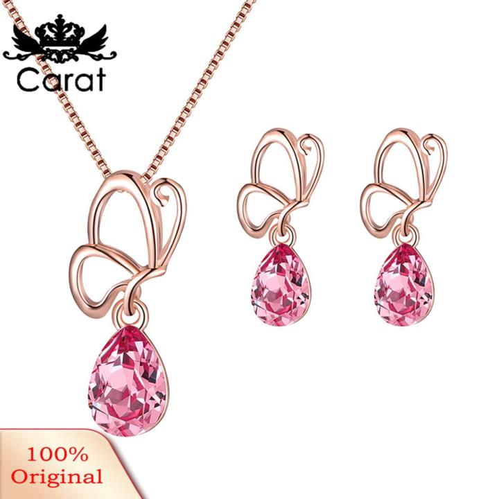 Carat Hollow Petal Water Drop Rhinestone Charm Stud Earrings Necklace Lady Jewelry Set