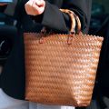 Women's Rattan-like Straw Bag Handmade Women's Woven Bag Vintage Bamboo-like Handle Handbag. 