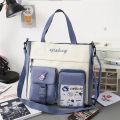 Canvas Woman Handbag Spans Large Capacity Collapsible Student Cute Sticker Tote Bag Zipper Tote Bag Shopping Bag Book Bag Girl. 