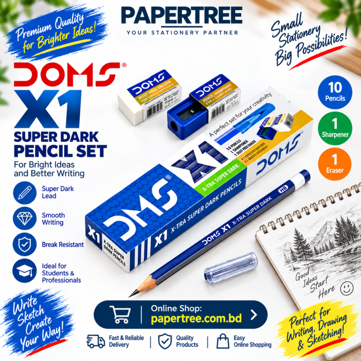 DOMS X1 Super Dark Pencil Set with Free Sharpener & Eraser for Drawing & Writing