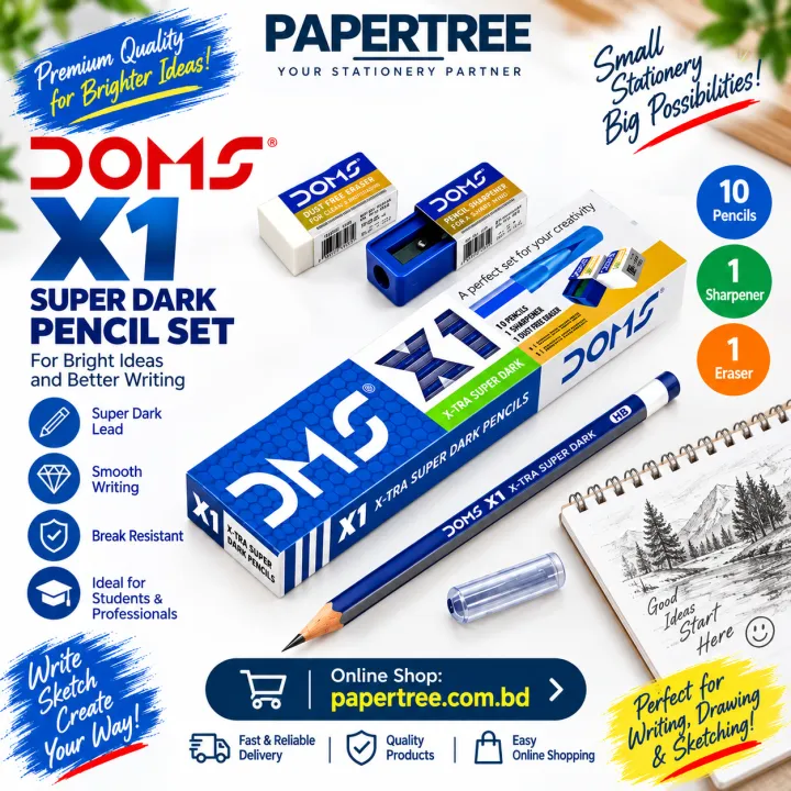 DOMS X1 Super Dark Pencil Set with Free Sharpener & Eraser for Drawing & Writing
