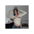 Sweet and Spicy T T-shirt Women's Half-Open Collar Button Short Navel Letter Print Slim Fit Fashion ins Hot Girl Long-Sleeved Shirt Autumn.