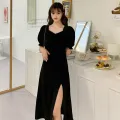 Plus Size Dress Women Solid Slim Trendy Spring Simple Korean Style Elegant Casual Soft Side-slit Ladies Fashion All-match Party. 