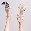 ZHR Women's Chunky Heel Sandals 2024 New Summer Square Head Strap Fairy Style Pearl Strap Women's Mid-Heel Shoes. 