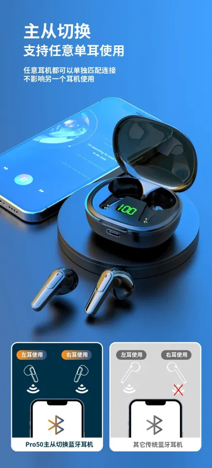 PRO50 digital display bluetooth headset cross-border wireless TWS earphone ENC noise cancelling headset Bluetooth 5.0