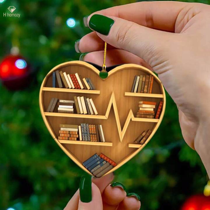 Heart Shaped Bookshelf Christmas Tree Pendant Reading Christmas Ornaments 2023 for Book Lovers