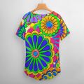 Women Colorful Flower T Shirts Bright Hippy Cartoon V Neck Street Wear Oversized T-shirt Girls Cute Tee Shirts Summer Clothing. 