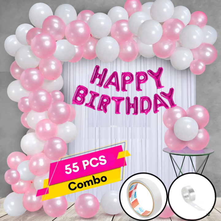 Pink Birthday Decorations Combo - Metallic Balloons, Pink Foil Banner, White Net Curtain with Balloon Arch & Both Side Tape - Full Package (55 Pcs)