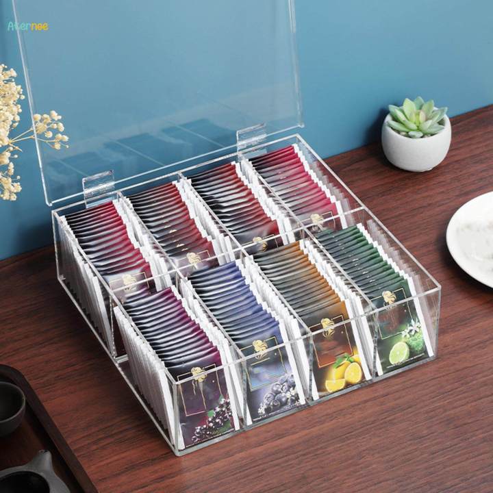 Transparent Storage Bin Box 8 Compartments Sugar Packets Coffee Packets Hinge Lid Tea Bag Organizer for Kitchen Cabinets Pantry Countertops