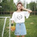 100%Cotton Short-SleeveTT-shirt Women's Korean-Style Fashionable Students All-Matching Summer New LooseinsRuffled Top.