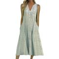 Women Summer Sleeveless Dress, Adults Casual Striped V-neck One-piece with Pockets.