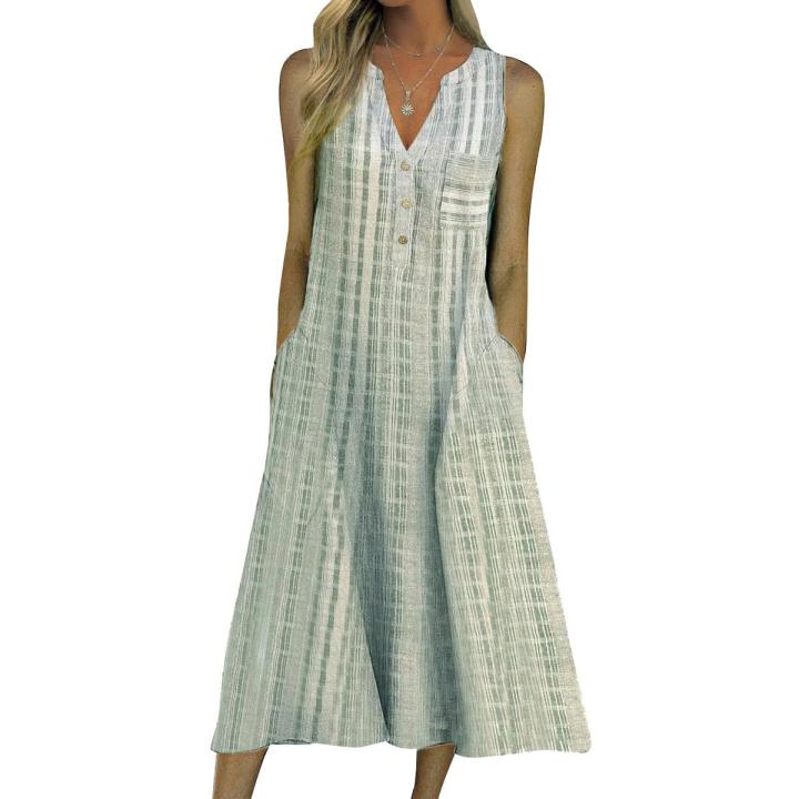 Women Summer Sleeveless Dress, Adults Casual Striped V-neck One-piece with Pockets