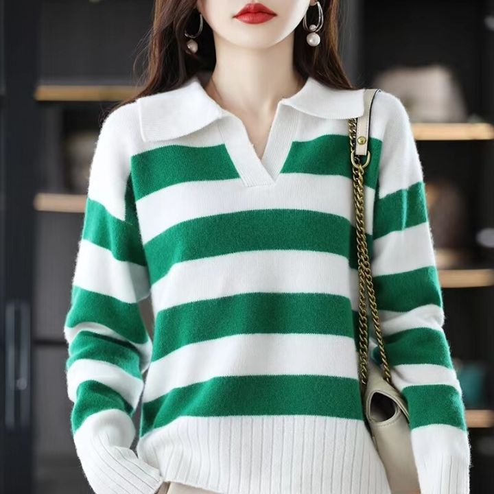 Jacket Damen Long Strickpullover Ladies Fashion Green Stripe