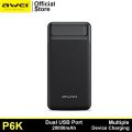 Awei P6K 20000mAh Fast Charging Dual USB Port Powerbank Micro USB and Type C Input Power Bank Black. 