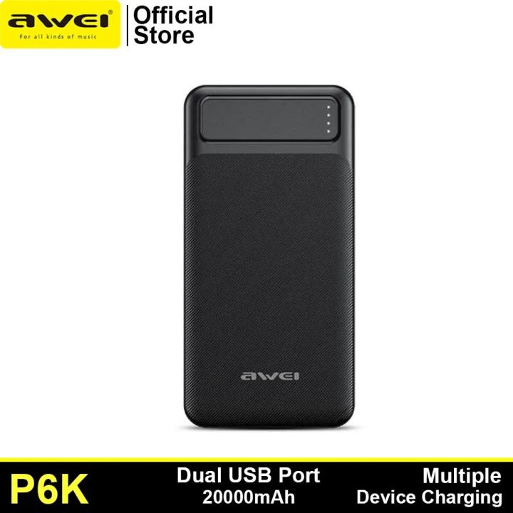 Awei P6K 20000mAh Fast Charging Dual USB Port Powerbank Micro USB and Type C Input Power Bank Black