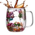 Coffee Mug Elegant Cup With Dried Flower Design Heat Resistant Dried Flower Double Wall Glass Mug For Cold Drinks Cappuccino.