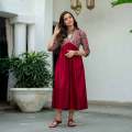 Maroon V Neck Gathered Dress ( Full Stitch Dress ) k49. 