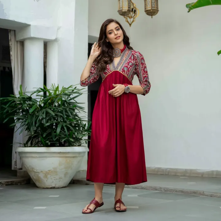 Maroon%20V%20Neck%20Gathered%20Dress%20(%20Full%20Stitch%20Dress%20)%20k49%20-%20Image%203