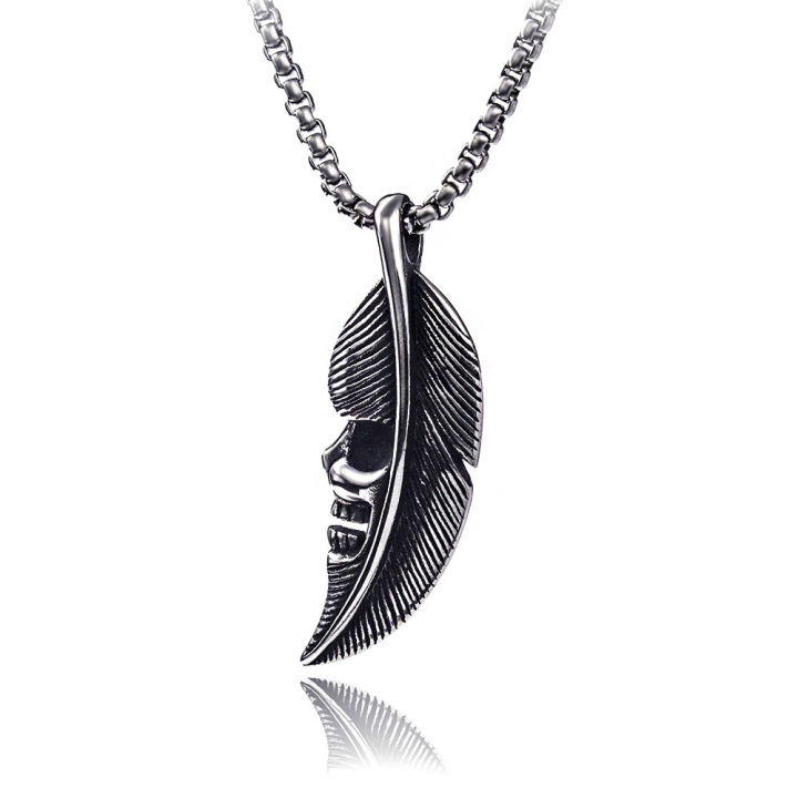 Vintage Feather Pendant Necklace Stainless Steel Feather Necklace for Men Vintage Feather Design Skull Pendant Necklace