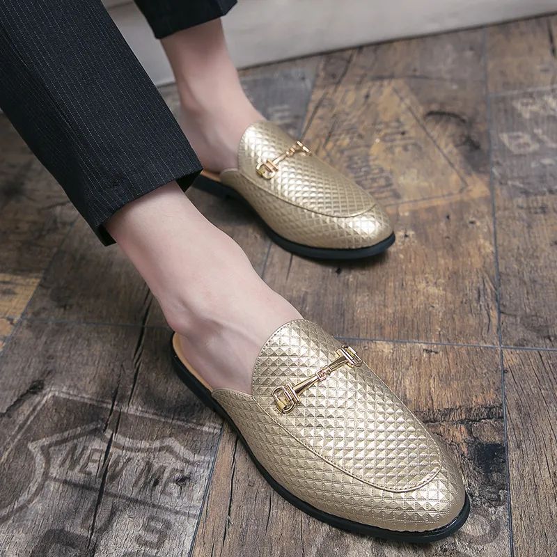 Luxury Brand Gold Men Slipper Mules Buckle Loafers Mens Leather