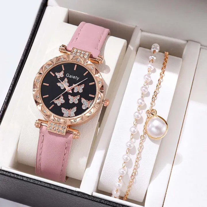 2pcs%20Women's%20Quartz%20Wristwatch%20and%20Bracelet%20Waterproof%20Leather%20Strap%20Ladies%20Watches%20Butterfly%20Dial%20Girl%20Casual%20Watch%20-%20Image%202