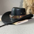 Western Cowboy Hat Ox Head Belt Rivet Fedora Hat for Men Women Outdoor Travel Wide Brim Sun Hat Faux Leather Panama Cowgirl Hat.