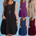 Women Vintage Short Sleeve Solid Knee-length Sundress Summer Cotton Dress Casual Loose Vestidos..