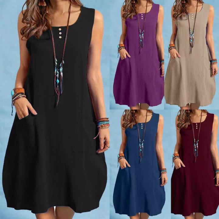 Women Vintage Short Sleeve Solid Knee-length Sundress Summer Cotton Dress Casual Loose Vestidos.