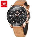 OLEVS Watch for Men  Waterproof Trendy Kpop Style Chronograph Phase of Moon Calendar Luminous Leather Strap 9957. 