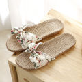 Women Summer Casual Slides Comfortable Flax Slippers Striped Bow Linen Flip Flops Platform Sandals Ladies Indoor Shoes. 