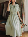 Gentle Retro Mori Style French Dress Girlish Style Summer New First Love Tight Waist Slim Fit Sweet Midi Dress. 