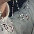 Fashion Hello Kitty Pendant Necklace for Women Girls Cute Cartoon Cat Double Ring Clavicle Chain Charms Chic Delicate Necklace Jewelry Gift.