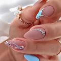 Ren nail ripple color 3D apricot 24 pieces pink thread with French tip design wearable nails artificially pressed on the nail tip art.